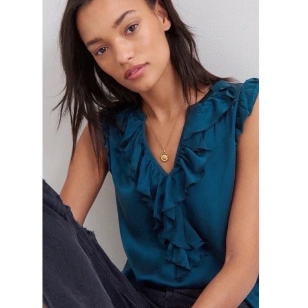 Anthropologie Deep Teal Ruffle Silk Blouse